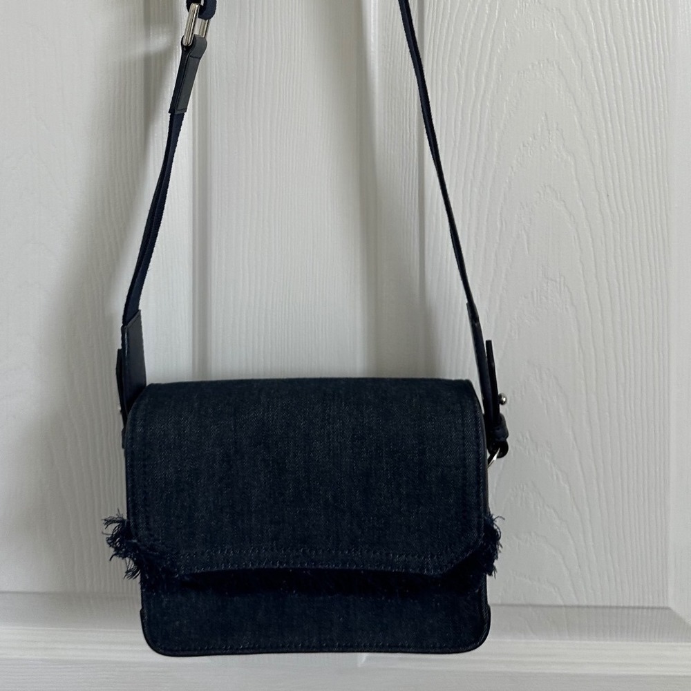 Charles &‎ Keith Denim Crossbody Bag Dark Wash Frayed Fringe Faux Leather Trim